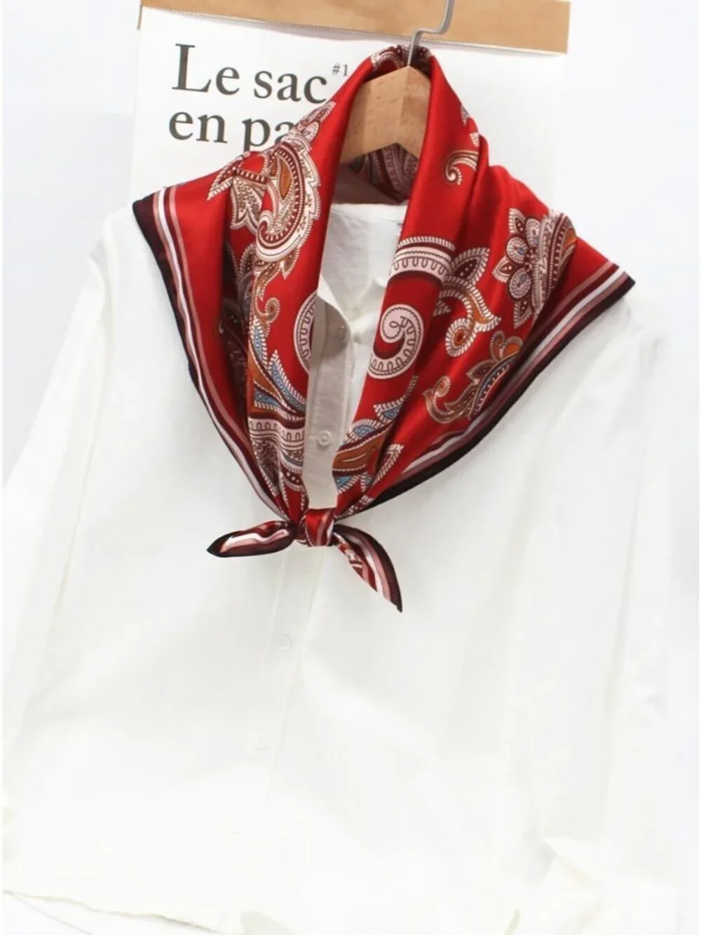 Women's Paisely Red Brown Square Scarf for Hair Digital Printed Headscarf Silk